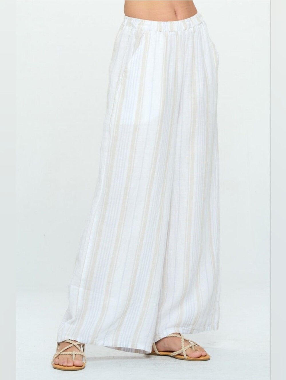 Match Point Linen Striped Wide Lag Palazzo Pants Women's Size Large